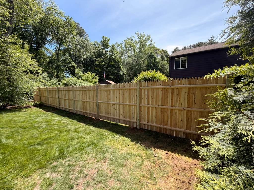 Dog-ear wood fence, green lawn, summer